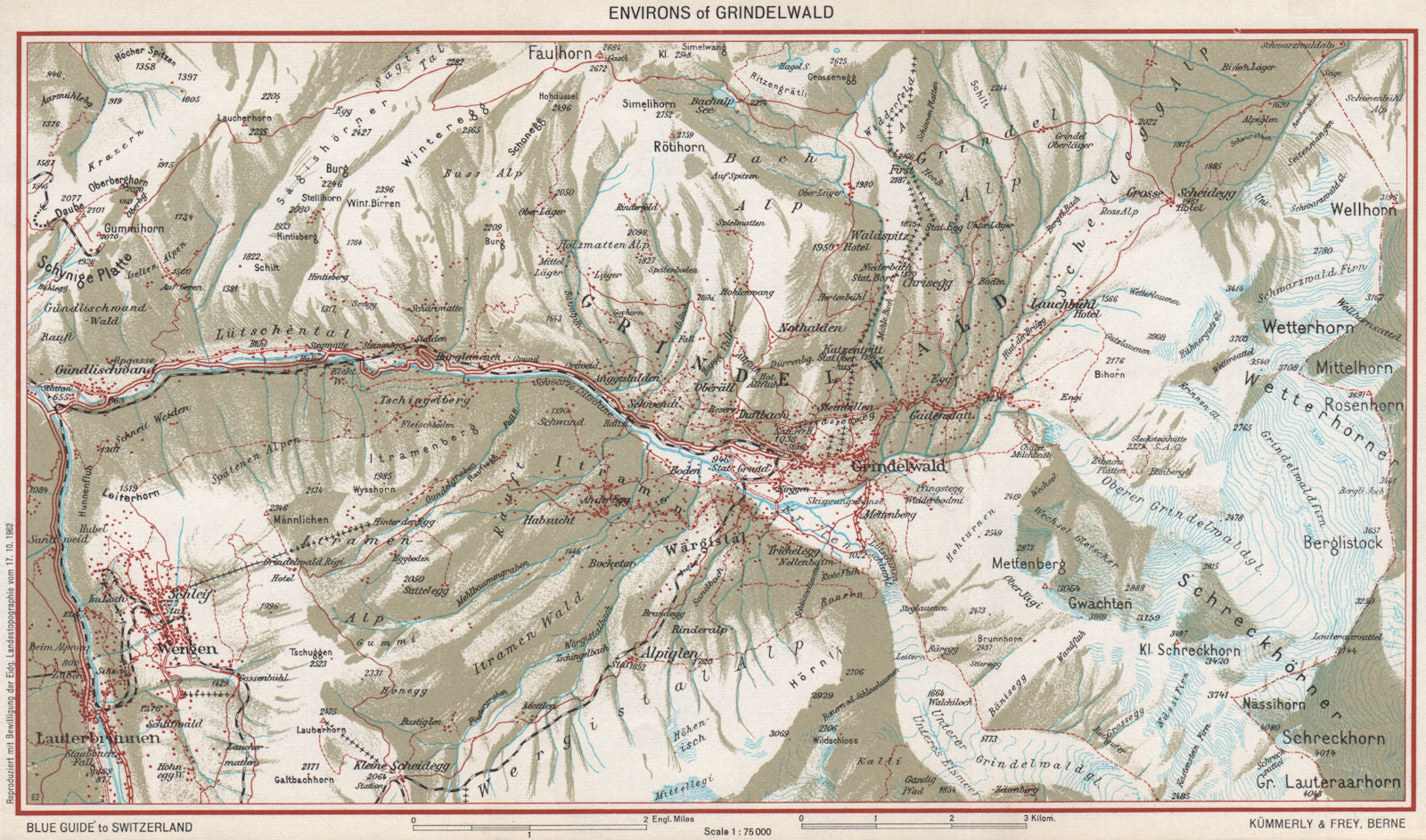 GRINDELWALD ENVIRONS. Wengen Faulhorn Lauterbrunnen. Vintage map plan 1963